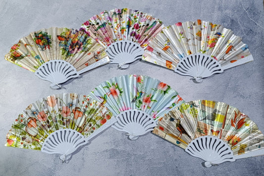 1 DOCENA - ABANICOS DE MANO EN TELA FLORALES